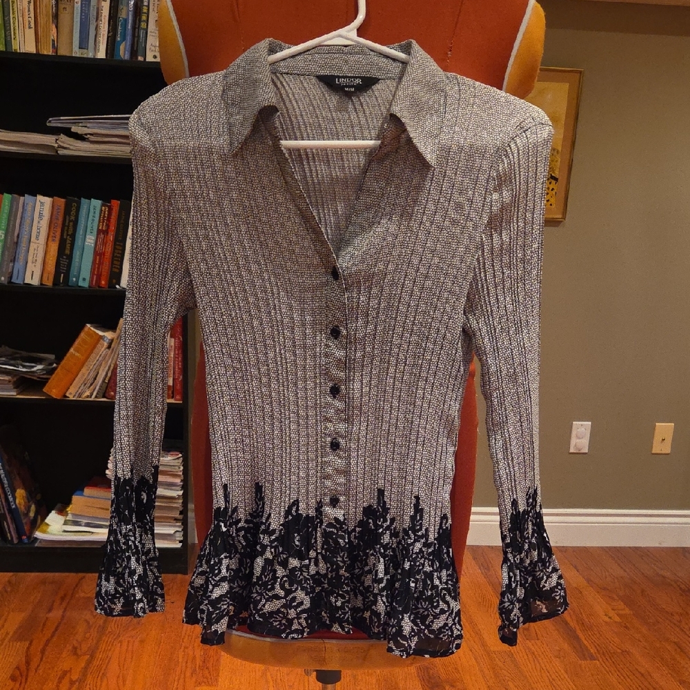 Chic Black and Gray Button Down Shirt with Lace Trim
